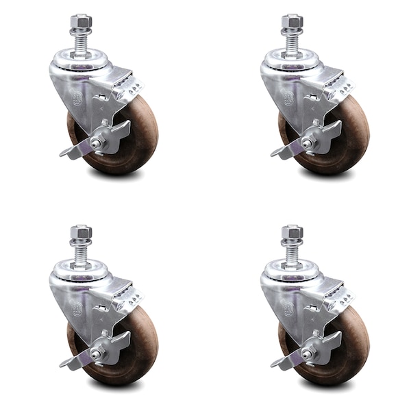 Service Caster 4 Inch High Temp Glass Filled Nylon 12mm Threaded Stem Caster Set with Brake SCC-TS20S414-GFNSHT-TLB-M1215-4 - main